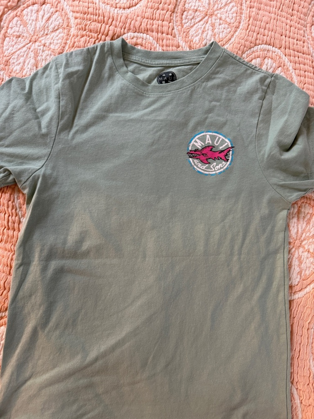 Maui and Sons Sage Green Tee with Pink Logo Print